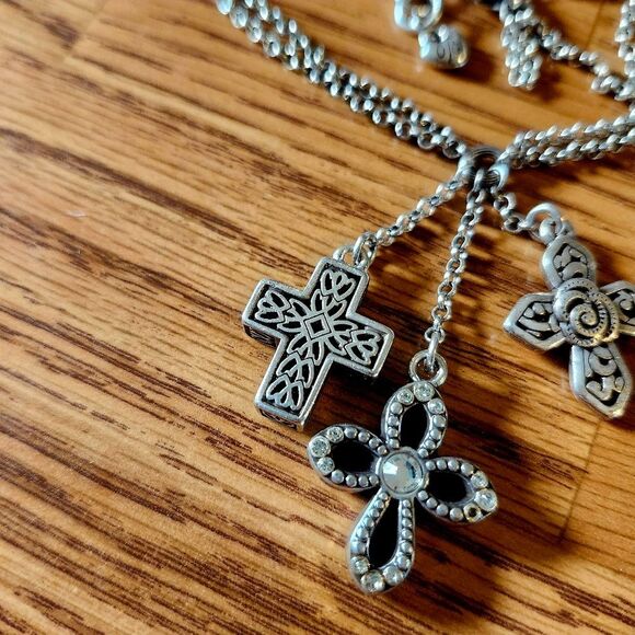 BRIGHTON "Faithful" Triple Cross Silver And Crystal Y Drop Vintage Necklace - Picture 3 of 14